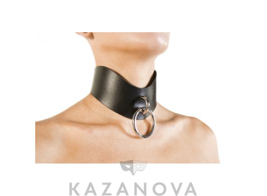 Ошейник Лунный Свет из натуральной кожи широкий с кольцом чёрный